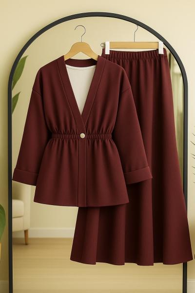 bel lastikli ceket etek takım Bordo BK9536