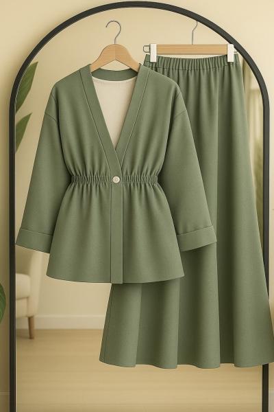 bel lastikli ceket etek takım Yeşil BK9536