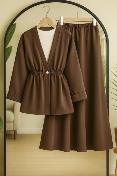 bel lastikli ceket etek takım Kahverengi BK9536