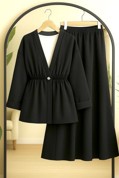 bel lastikli ceket etek takım Siyah BK9536