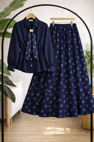 Bel lastikli fularlı etekli Takım Lacivert BK9568