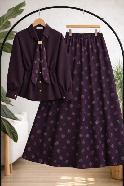 Bel lastikli fularlı etekli Takım Mürdüm BK9568