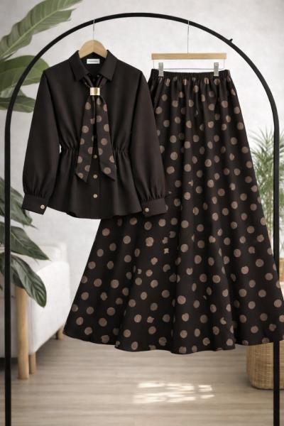 Bel lastikli fularlı etekli Takım Kahve BK9568