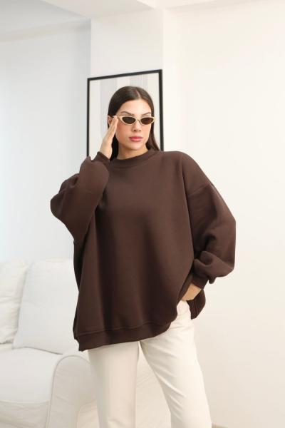 Bisiklet Yaka Oversize Sweatshirt Kahve DS2058