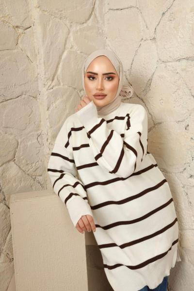 Bisiklet Yaka Çizgili Triko Tunik Kahve NSY30196