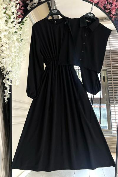 Bolerolu Yandan Bağlamalı düğmeli elbise Takım siyah UMS 50255