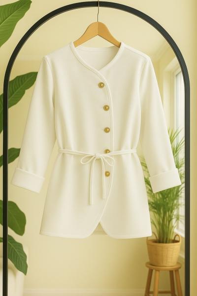 Capraz Düğmeli bel bağcıklı Tunik Beyaz BK9530