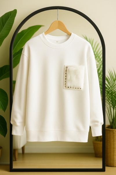 Cep taşve kürk Detaylı Tunik Beyaz TB8033