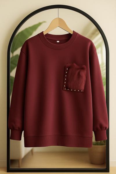 Cep taşve kürk Detaylı Tunik Bordo TB8033
