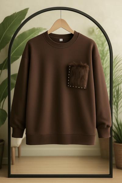 Cep taşve kürk Detaylı Tunik Kahverengi TB8033