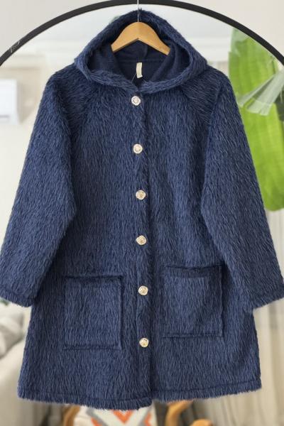 Cepli kapşonlu önü düğmeli kap Lacivert TB8031