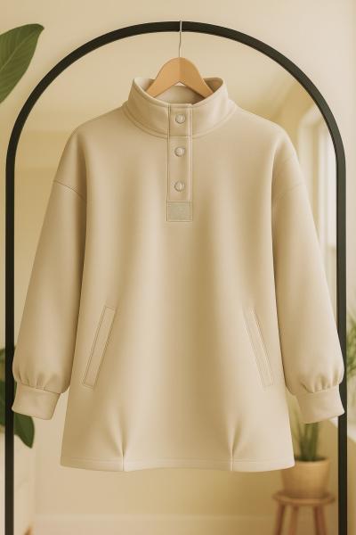 Cepli Yaka çıt çıtlı taşlı tunik Bej BK9529