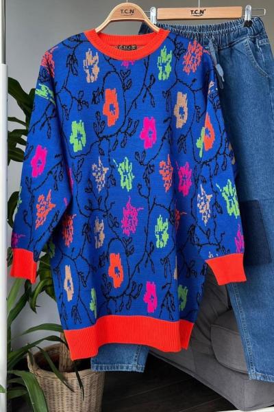 Çiçek desenli triko tunik Saks TCN4009