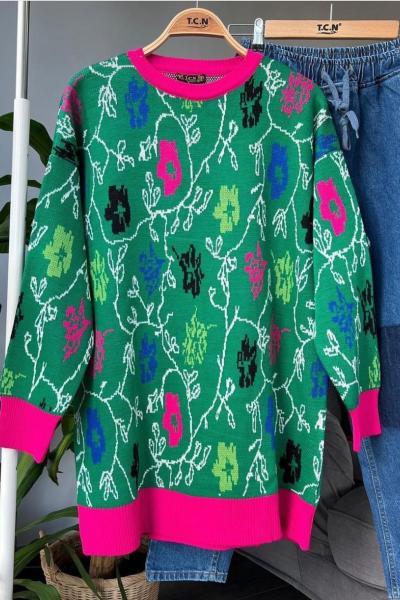 Çiçek desenli triko tunik Yeşil TCN4009