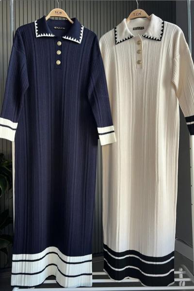 Çizgili yaka Düğmeli Triko Elbise Ekru TCN4082