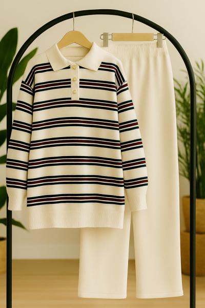 Çizgili Yaka Düğmeli Triko Takım Ekru TCN40144