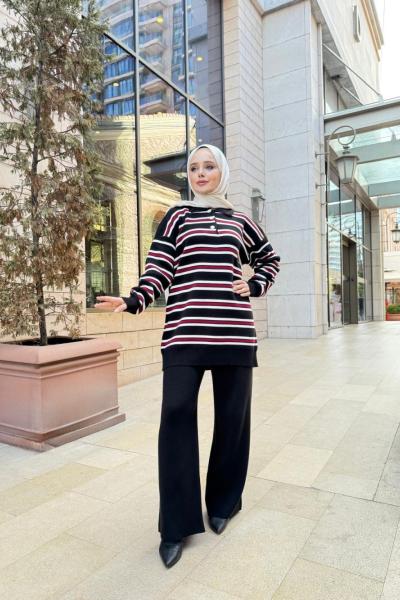 Çizgili Yaka Düğmeli Triko Takım Siyah TCN40144