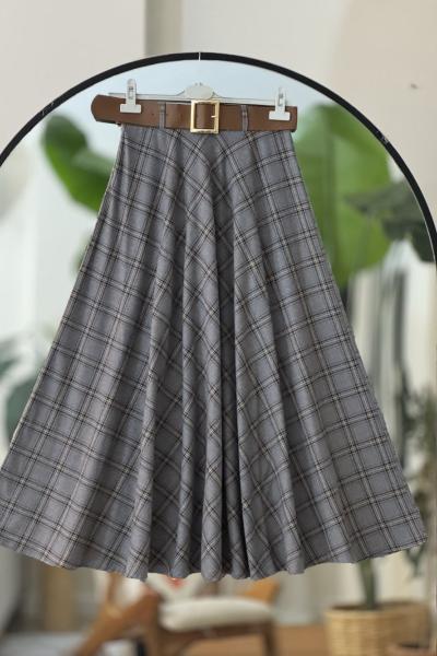 Deri kemerli Yandan fermuarlı ekose Kiloş Etek Gri BK9532