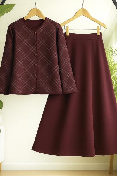 Ekoseli Ceket Kiloş Etek Takım Bordo UMS50333