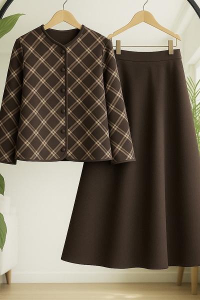 Ekoseli Ceket Kiloş Etek Takım Kahverengi UMS50333