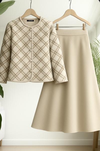 Ekoseli Ceket Kiloş Etek Takım Bej UMS50333