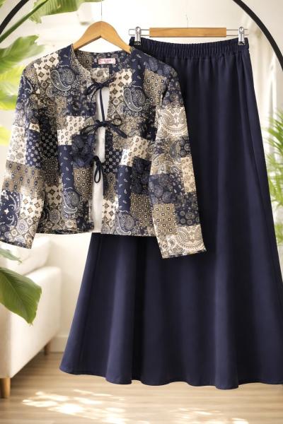Etnik Desen Bağcıklı ceket kiloş Etek Takım Lacivert BK9565
