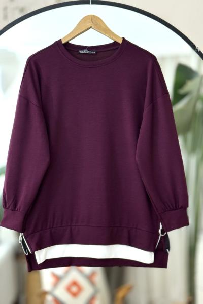 Garnili yanlardan fermuarlı Oysh Tunik Mürdüm NW6060