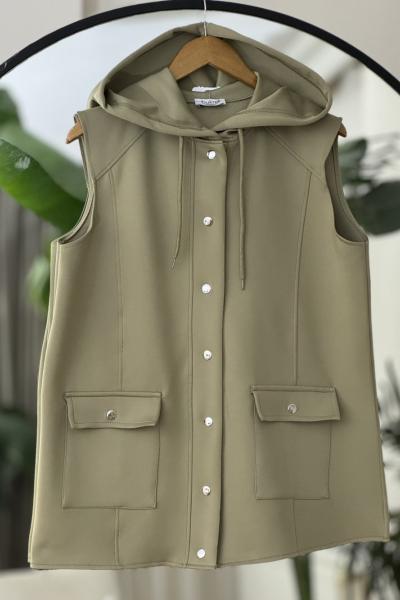 Kapşonlu cepli citcitli Yelek Yeşil BK9519