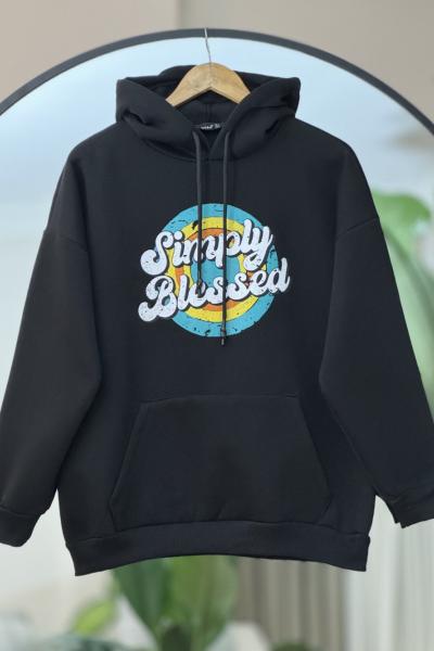 Kapşonlu kanguru cepli üçiplik Sweat siyah SLT303340