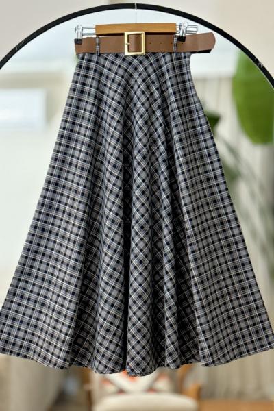 kemerli fermuarlı ekose Kiloş Etek Siyah BK9532