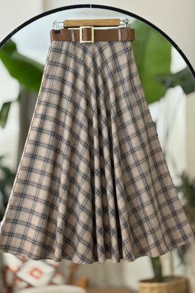 kemerli fermuarlı ekose Kiloş Etek Sütlükahve BK9532