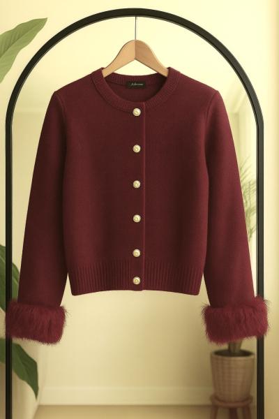 Kol kürklü yumoş kısa hırka Bordo SLT8040