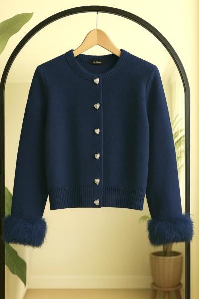 Kol kürklü yumoş kısa hırka Lacivert SLT8040