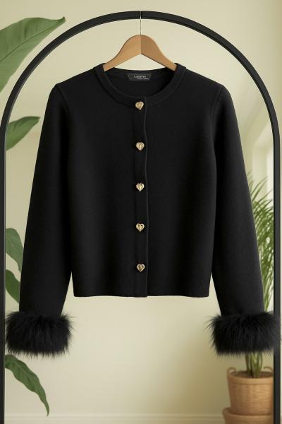 Kol kürklü yumoş kısa hırka siyah SLT8040