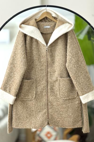 Kol ve kapşon Parcalı fermuarlı uzun kap Camel UMS50327