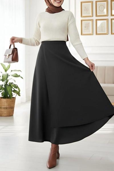 Kurvaze yandan bağlamalı Etek Siyah NW6065