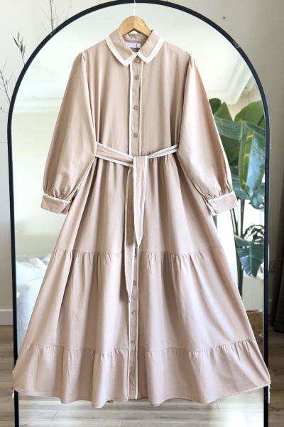 Kuşaklı patlı Gabardın kumaş boydan elbise bej YRN30524