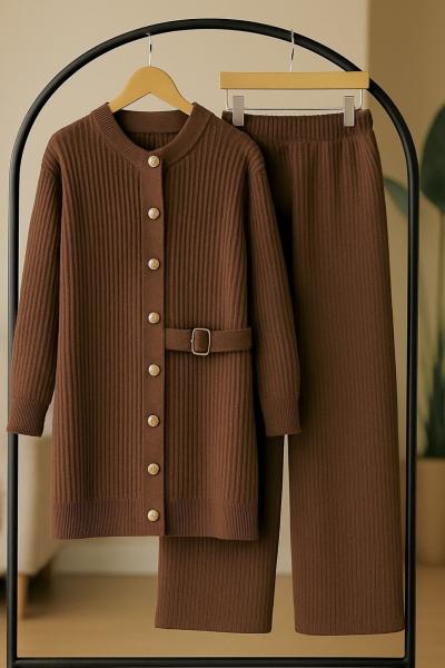 Metal düğmeli kemer Tokalı Triko Takım Kahve TCN40132