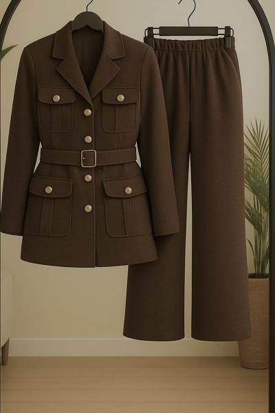 Metal Düğmeli pantolonlu Takım Kahverengi UMS50335