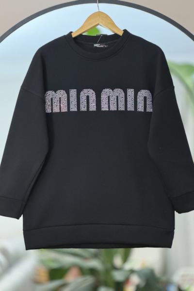 Min min üçiplik taş işlemeli sweat Siyah UMS50221