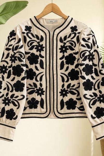 Nakış işlemeli astarlı Keten Ceket Ekru ES8096