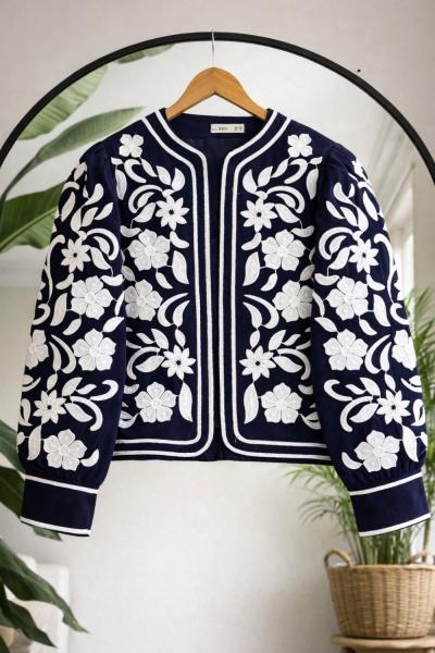 Nakış işlemeli astarlı Keten CeketLacivert ES8096