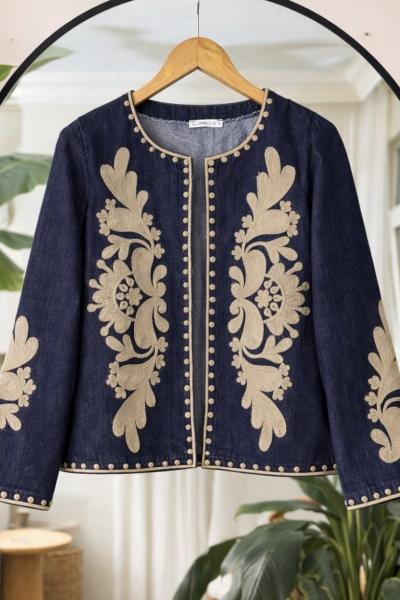 Nakış işlemeli Kot Ceket Bej ES8099