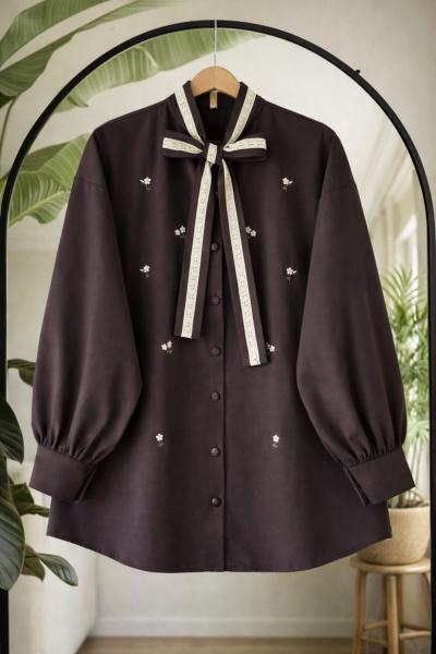 Nakış ve dantel işlemeli Gömlek Kahverengi TB8095