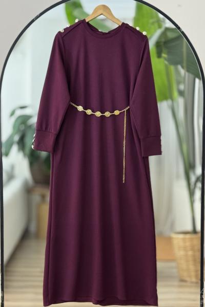 Omuz kol metal Düğmeli seyyar kuşaklı Elbise Bordo BK9522