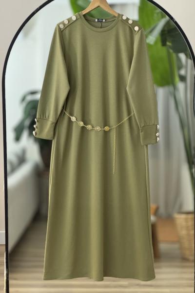 Omuz kol metal Düğmeli seyyar kuşaklı Elbise Yeşil BK9522