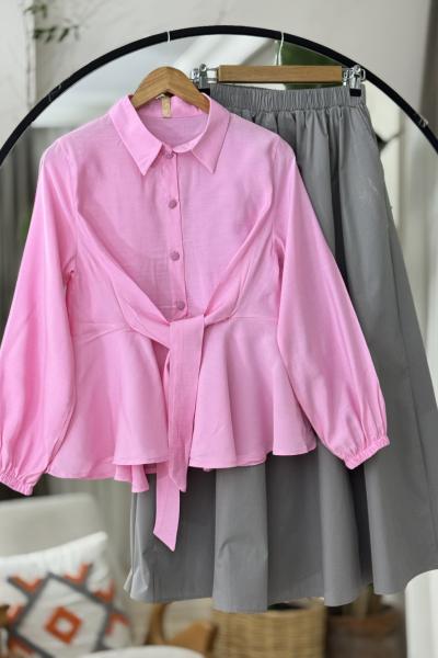 Ön Bağlamalı volanlı Blüz pembe TB8020