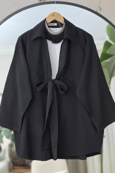 Önü bağlamalı Keten kimono gömlek siyah DS2047