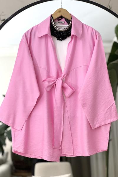 Önü bağlamalı Keten kimono gömlek PembeDS2047