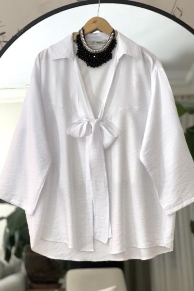 Önü bağlamalı Keten kimono gömlek Beyaz DS2047